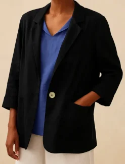 Hot Women's Cotton Linen Blazer Comfortable Breathable Pocket Buttons Vintage Casual Plain Office Street Casual Daily Wear Single Breasted Regular Turndown Regular Fit Long Sleeve Outerwear Black Women Blazers & Suits