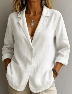 New Women's Cotton Linen Blazer Solid Color Stylish Basic Casual Long Sleeve Shirt Collar Regular Tops Work Daily Buttons White Yellow Summer Women Shirts
