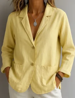 New Women's Cotton Linen Blazer Solid Color Stylish Basic Casual Long Sleeve Shirt Collar Regular Tops Work Daily Buttons White Yellow Summer Women Shirts