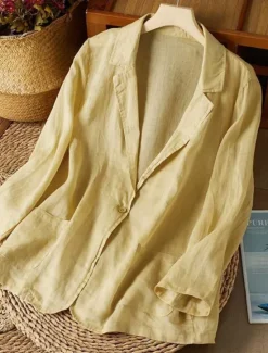 New Women's Cotton Linen Blazer Solid Color Stylish Basic Casual Long Sleeve Shirt Collar Regular Tops Work Daily Buttons White Yellow Summer Women Shirts
