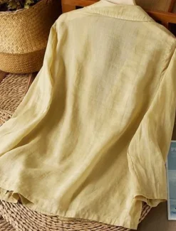 New Women's Cotton Linen Blazer Solid Color Stylish Basic Casual Long Sleeve Shirt Collar Regular Tops Work Daily Buttons White Yellow Summer Women Shirts