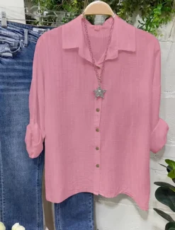 Best Women's Cotton Linen Blouse Solid Color Elegant Stylish Casual Long Sleeve V Neck Regular Tops Daily Holiday Buttons White Yellow Pink Blue Gray Summer Spring Women Shirts
