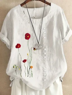Best Women's Cotton Linen Blouse Floral Graphic Vintage Casual Short Sleeve Crew Neck Regular Tops Daily Going out Buttons Print Asymmetric Hem White Blue Summer Spring Women Blouses & Shirts