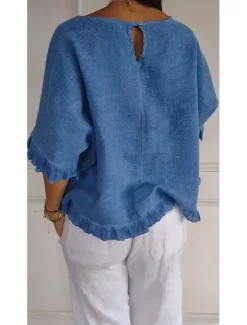 Sale Women's Cotton Linen Blouse Solid Color Stylish Casual Half Sleeve Crew Neck Regular Tops Daily Holiday Ruffle Summer Women Shirts
