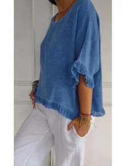 Sale Women's Cotton Linen Blouse Solid Color Stylish Casual Half Sleeve Crew Neck Regular Tops Daily Holiday Ruffle Summer Women Shirts