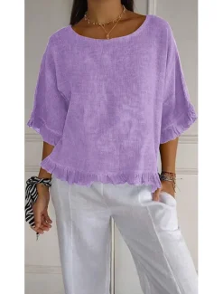 Sale Women's Cotton Linen Blouse Solid Color Stylish Casual Half Sleeve Crew Neck Regular Tops Daily Holiday Ruffle Summer Women Shirts