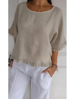 Sale Women's Cotton Linen Blouse Solid Color Stylish Casual Half Sleeve Crew Neck Regular Tops Daily Holiday Ruffle Summer Women Shirts
