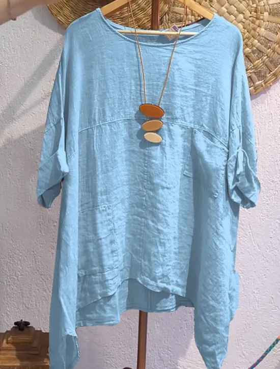 Best Women's Cotton Linen Blouse Solid Color Elegant Casual Half Sleeve Crew Neck Regular Tops Daily Holiday White Navy Blue Blue Orange Brown Summer Fall Women Blouses & Shirts