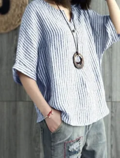 Discount Women's Cotton Linen Blouse Graphic Elegant Vintage Stylish Short Sleeve V Neck Regular Tops Daily Holiday Buttons Blue Gray Summer Spring Women Shirts