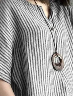 Discount Women's Cotton Linen Blouse Graphic Elegant Vintage Stylish Short Sleeve V Neck Regular Tops Daily Holiday Buttons Blue Gray Summer Spring Women Shirts