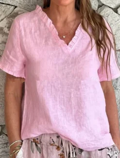 Hot Women's Cotton Linen Blouse Solid Color Elegant Casual Short Sleeve V Neck Regular Tops Daily Holiday Ruffle Black White Yellow Pink Blue Summer Spring Women Shirts