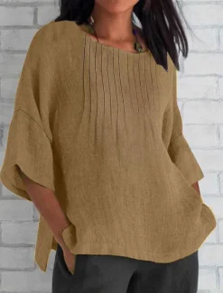 Clearance Women's Cotton Linen Blouse Solid Color Elegant Casual Short Sleeve Crew Neck Regular Tops Daily Holiday Pleated Pink Blue Green Khaki Beige Summer Women Shirts