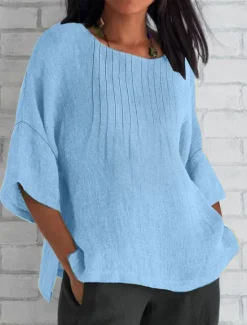 Clearance Women's Cotton Linen Blouse Solid Color Elegant Casual Short Sleeve Crew Neck Regular Tops Daily Holiday Pleated Pink Blue Green Khaki Beige Summer Women Shirts