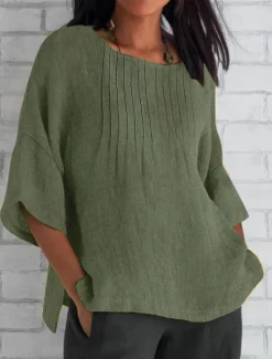 Clearance Women's Cotton Linen Blouse Solid Color Elegant Casual Short Sleeve Crew Neck Regular Tops Daily Holiday Pleated Pink Blue Green Khaki Beige Summer Women Shirts