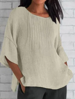 Clearance Women's Cotton Linen Blouse Solid Color Elegant Casual Short Sleeve Crew Neck Regular Tops Daily Holiday Pleated Pink Blue Green Khaki Beige Summer Women Shirts