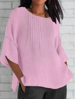 Clearance Women's Cotton Linen Blouse Solid Color Elegant Casual Short Sleeve Crew Neck Regular Tops Daily Holiday Pleated Pink Blue Green Khaki Beige Summer Women Shirts