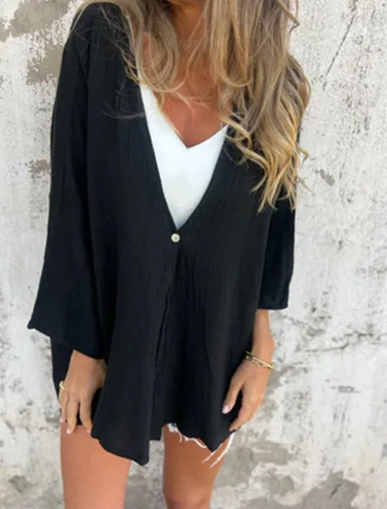 Hot Women's Cotton Linen Blouse Shrugs Solid Color Basic Casual Long Sleeve V Neck Regular Tops Daily Buttons Black Orange Brown Green Dark Gray Summer Women Shirts