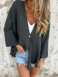 Hot Women's Cotton Linen Blouse Shrugs Solid Color Basic Casual Long Sleeve V Neck Regular Tops Daily Buttons Black Orange Brown Green Dark Gray Summer Women Shirts