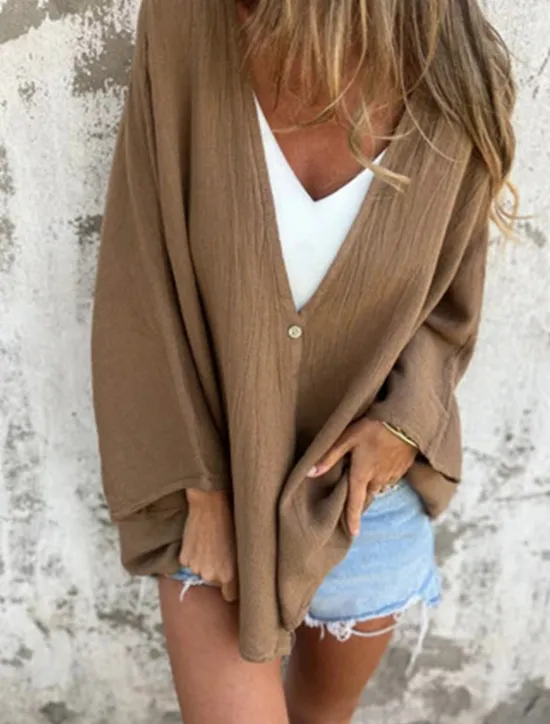 Hot Women's Cotton Linen Blouse Shrugs Solid Color Basic Casual Long Sleeve V Neck Regular Tops Daily Buttons Black Orange Brown Green Dark Gray Summer Women Shirts