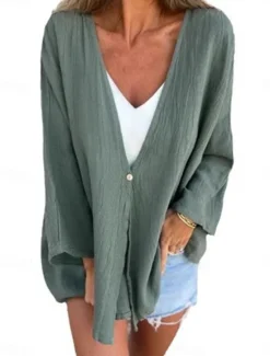 Hot Women's Cotton Linen Blouse Shrugs Solid Color Basic Casual Long Sleeve V Neck Regular Tops Daily Buttons Black Orange Brown Green Dark Gray Summer Women Shirts