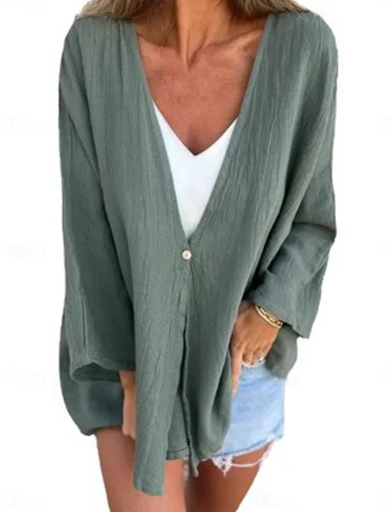 Hot Women's Cotton Linen Blouse Shrugs Solid Color Basic Casual Long Sleeve V Neck Regular Tops Daily Buttons Black Orange Brown Green Dark Gray Summer Women Shirts