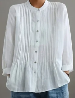 Hot Women's Cotton Linen Blouse Solid Color Elegant Casual Long Sleeve High Neck Regular Tops Daily Holiday Buttons Black White Yellow Red Blue Summer Fall Women Blouses & Shirts