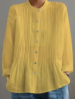 Hot Women's Cotton Linen Blouse Solid Color Elegant Casual Long Sleeve High Neck Regular Tops Daily Holiday Buttons Black White Yellow Red Blue Summer Fall Women Blouses & Shirts