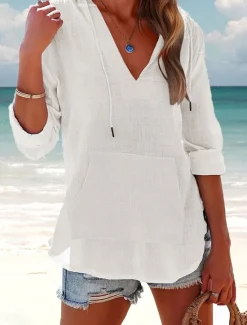 Clearance Women's Cotton Linen Blouse Solid Color Elegant Casual Long Sleeve V Neck Regular Tops Daily Holiday Pocket Black White Pink Blue Summer Spring Women Shirts