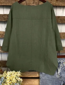 Sale Women's Cotton Linen Blouse Solid Color Elegant Casual 3/4 Length Sleeve Crew Neck Boat Neck Regular Tops Daily Holiday Black White Navy Blue Green Summer Fall Women Shirts