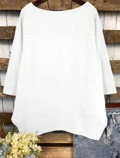 Sale Women's Cotton Linen Blouse Solid Color Elegant Casual 3/4 Length Sleeve Crew Neck Boat Neck Regular Tops Daily Holiday Black White Navy Blue Green Summer Fall Women Shirts