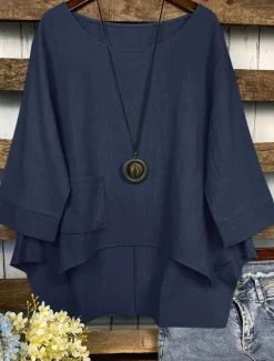 Sale Women's Cotton Linen Blouse Solid Color Elegant Casual 3/4 Length Sleeve Crew Neck Boat Neck Regular Tops Daily Holiday Black White Navy Blue Green Summer Fall Women Shirts