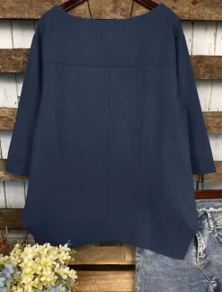 Sale Women's Cotton Linen Blouse Solid Color Elegant Casual 3/4 Length Sleeve Crew Neck Boat Neck Regular Tops Daily Holiday Black White Navy Blue Green Summer Fall Women Shirts
