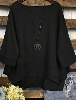 Sale Women's Cotton Linen Blouse Solid Color Elegant Casual 3/4 Length Sleeve Crew Neck Boat Neck Regular Tops Daily Holiday Black White Navy Blue Green Summer Fall Women Shirts