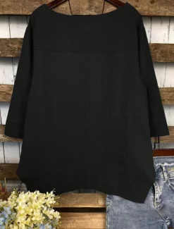Sale Women's Cotton Linen Blouse Solid Color Elegant Casual 3/4 Length Sleeve Crew Neck Boat Neck Regular Tops Daily Holiday Black White Navy Blue Green Summer Fall Women Shirts