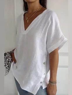 Best Women's Cotton Linen Blouse Solid Color Elegant Casual Short Sleeve V Neck Regular Tops Daily Holiday Buttons Black White Brown Summer Women Shirts
