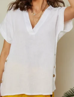 Best Women's Cotton Linen Blouse Solid Color Elegant Casual Short Sleeve V Neck Regular Tops Daily Holiday Buttons Black White Brown Summer Women Shirts