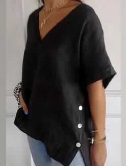 Best Women's Cotton Linen Blouse Solid Color Elegant Casual Short Sleeve V Neck Regular Tops Daily Holiday Buttons Black White Brown Summer Women Shirts