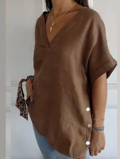Best Women's Cotton Linen Blouse Solid Color Elegant Casual Short Sleeve V Neck Regular Tops Daily Holiday Buttons Black White Brown Summer Women Shirts
