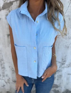 Sale Women's Cotton Linen Camisole Tank Top Solid Color Basic Casual Short Sleeve Crew Neck Shirt Collar Regular Tops Daily Buttons Pocket White Navy Blue Apricot Light Blue Summer Women Shirts