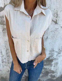 Sale Women's Cotton Linen Camisole Tank Top Solid Color Basic Casual Short Sleeve Crew Neck Shirt Collar Regular Tops Daily Buttons Pocket White Navy Blue Apricot Light Blue Summer Women Shirts