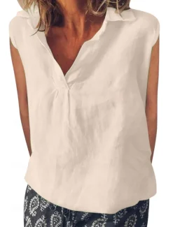 Women's Cotton Linen Camisole Tank Top Solid Color Elegant Stylish Casual Sleeveless V Neck Regular Tops Daily Holiday White Pink Blue Green Summer Spring Women Shirts