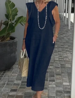 Discount Women's Cotton Linen Maxi Dress Casual Dress Cotton Linen Dress Basic Casual Vacation Daily Regular Fit Plain Sleeveless V Neck Black White Pink Navy Blue Summer Women Dresses