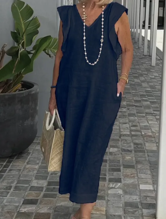 Discount Women's Cotton Linen Maxi Dress Casual Dress Cotton Linen Dress Basic Casual Vacation Daily Regular Fit Plain Sleeveless V Neck Black White Pink Navy Blue Summer Women Dresses