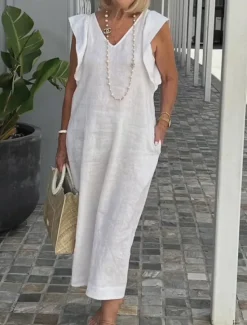 Discount Women's Cotton Linen Maxi Dress Casual Dress Cotton Linen Dress Basic Casual Vacation Daily Regular Fit Plain Sleeveless V Neck Black White Pink Navy Blue Summer Women Dresses
