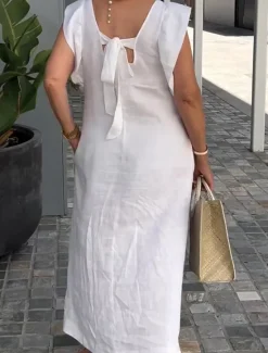 Discount Women's Cotton Linen Maxi Dress Casual Dress Cotton Linen Dress Basic Casual Vacation Daily Regular Fit Plain Sleeveless V Neck Black White Pink Navy Blue Summer Women Dresses