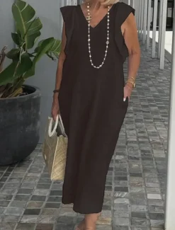Discount Women's Cotton Linen Maxi Dress Casual Dress Cotton Linen Dress Basic Casual Vacation Daily Regular Fit Plain Sleeveless V Neck Black White Pink Navy Blue Summer Women Dresses