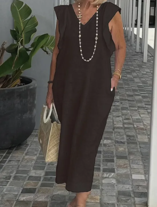 Discount Women's Cotton Linen Maxi Dress Casual Dress Cotton Linen Dress Basic Casual Vacation Daily Regular Fit Plain Sleeveless V Neck Black White Pink Navy Blue Summer Women Dresses