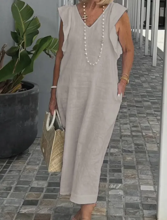 Discount Women's Cotton Linen Maxi Dress Casual Dress Cotton Linen Dress Basic Casual Vacation Daily Regular Fit Plain Sleeveless V Neck Black White Pink Navy Blue Summer Women Dresses