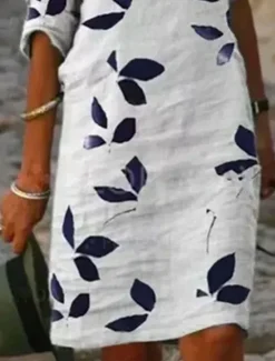 Online Women's Cotton Linen Midi Dress Casual Dress Dress Shift Dress Midi Dress Print Casual Daily Vacation V Neck Half Sleeve Summer Spring White Purple Leaf Women Casual Dress