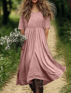 New Women's Cotton Linen Midi Dress Shift Dress A Line Dress Summer Dress Casual Daily Holiday Loose Fit Plain Short Sleeve V Neck White Pink Blue Green Summer Spring Women Dresses